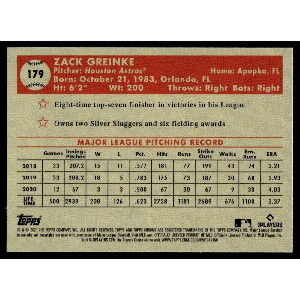2021 Topps Chrome Platinum Anniversary Zack Greinke Houston Astros #179 - Picture 2 of 2